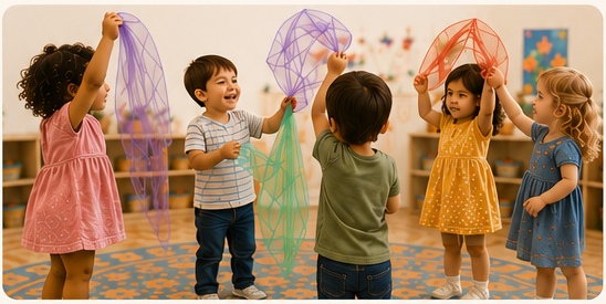 Children moving with colorful scarves